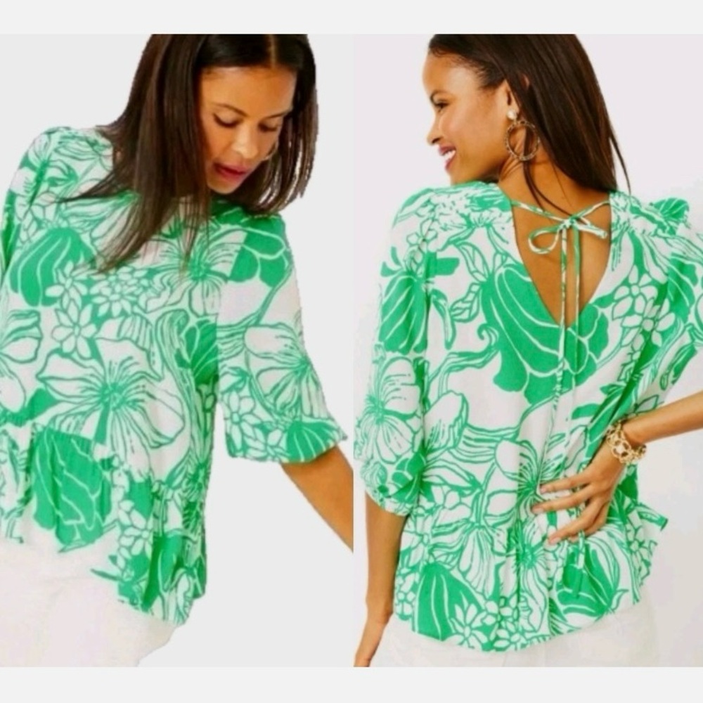 Lilly Pulitzer Aranea Spearmint Green “Kiss My Tulips” Tie Back Peplum Blouse